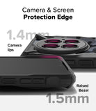 OnePlus 13 Case | Fusion-X - Close-up of phone case showing 1.4mm camera lips and 1.5mm raised screen bezel for protection.