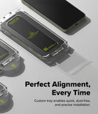 OnePlus 13S Screen Protector | Easy Slide Tempered Glass - Easy slide installation tray with tempered glass and smartphone on a grey surface.