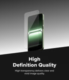 OnePlus 13S Screen Protector | Easy Slide Tempered Glass - A clear tempered glass sheet hovering above a green smartphone against a gradient background.