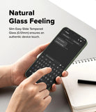 OnePlus 13S Screen Protector | Easy Slide Tempered Glass - Hands using a smartphone with a slim tempered glass screen protector and keyboard open.