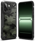 OnePlus 13S Case | Fusion-X - Rugged black camouflage phone case shown from back and front with a green gradient screen display.