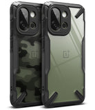 OnePlus 13S Case | Fusion-X - Two rugged phone cases with black bumpers, one with camo pattern and one clear back.