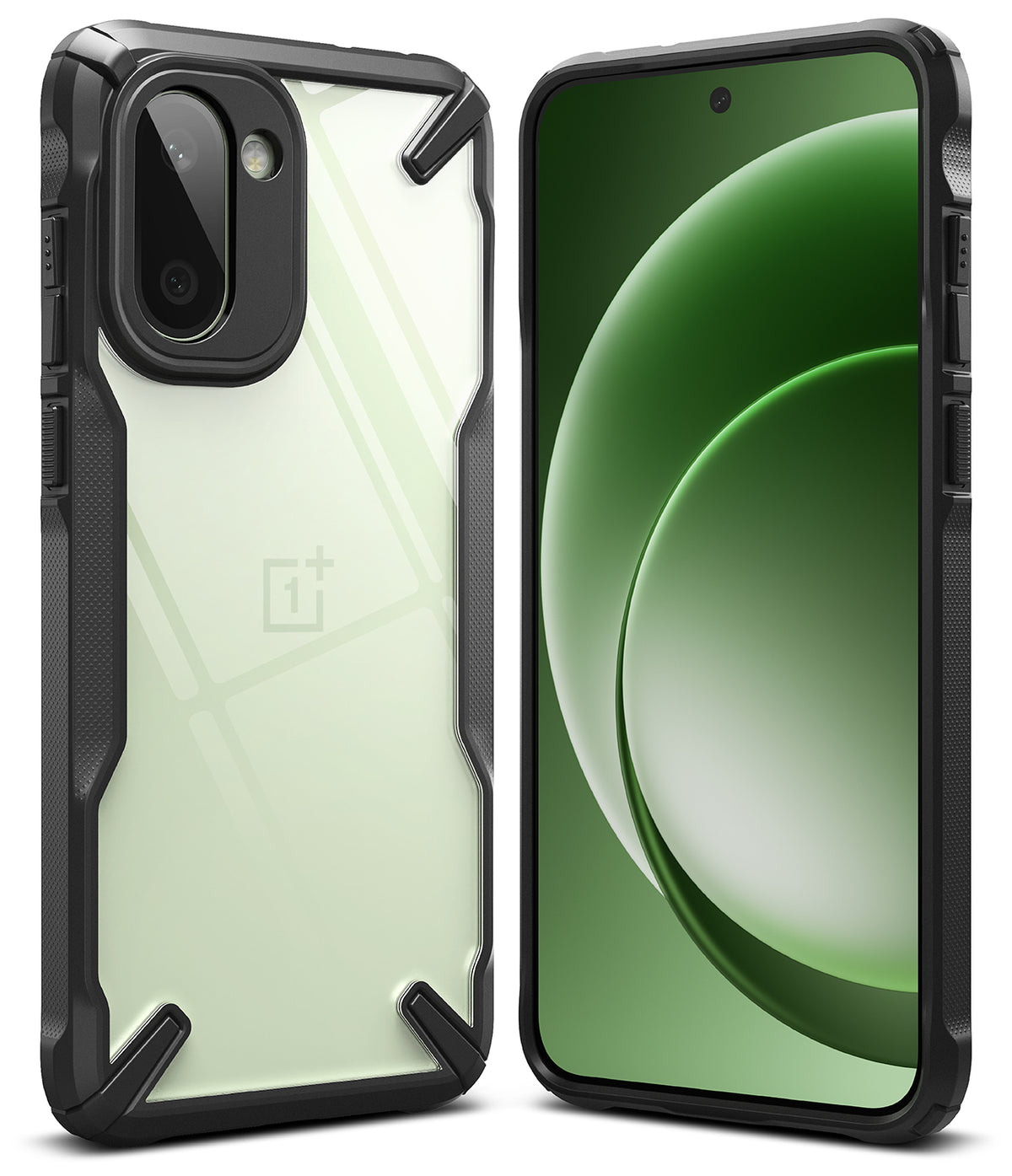 OnePlus 15R Case | Fusion-X - Clear back case with black rugged bumper frame shown from front and rear angles.