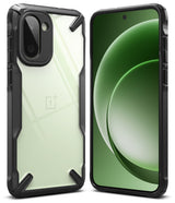 OnePlus 15R Case | Fusion-X - Clear back case with black rugged bumper frame shown from front and rear angles.