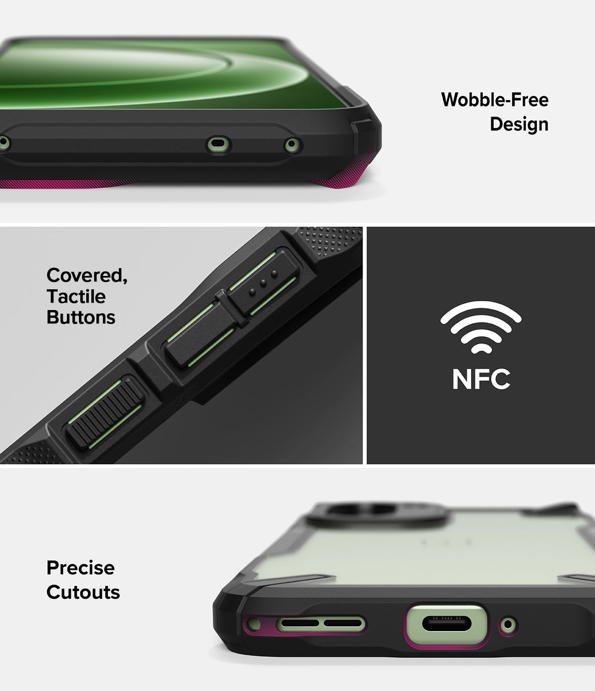 OnePlus 15R Case | Fusion-X - Close-ups of phone case features: wobble-free design, tactile buttons, NFC support, and precise cutouts.