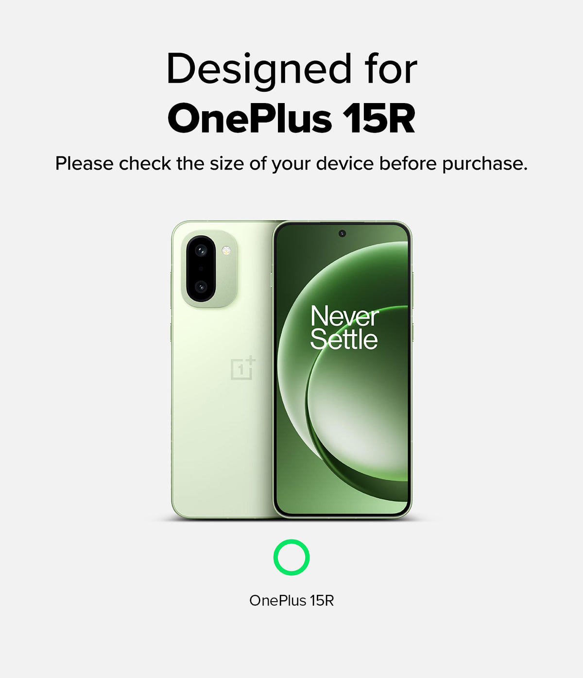 OnePlus 15R Case | Fusion-X - Light green OnePlus 15R phone showing front screen and back camera module with text confirmation.