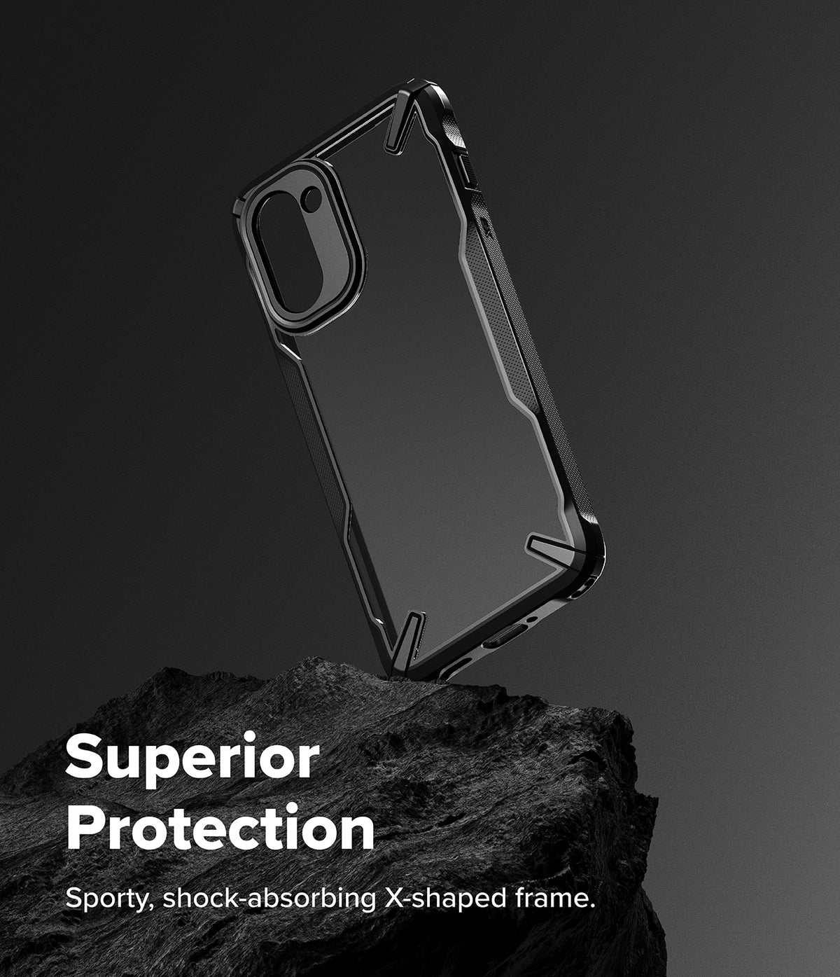 OnePlus 15R Case | Fusion-X - Black protective phone case with a rugged, shock-absorbing X-shaped frame hovering over a rock.