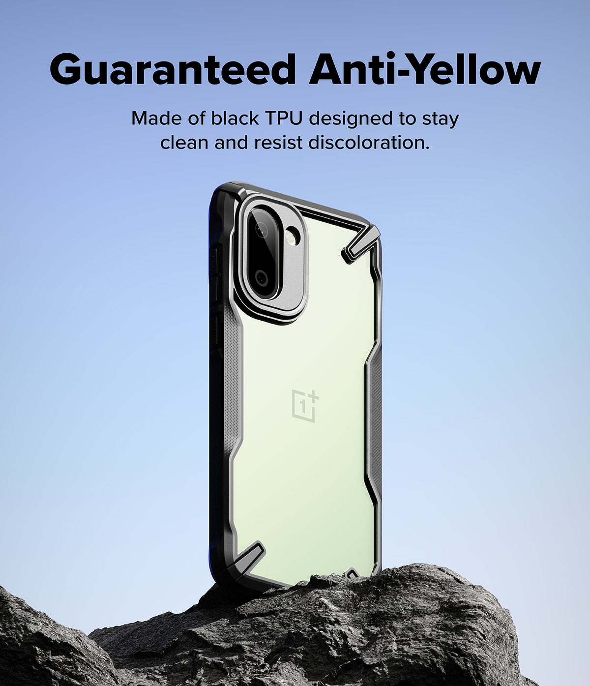 OnePlus 15R Case | Fusion-X - Black Fusion-X phone case standing on a rock against a blue sky, highlighting anti-yellowing TPU design.