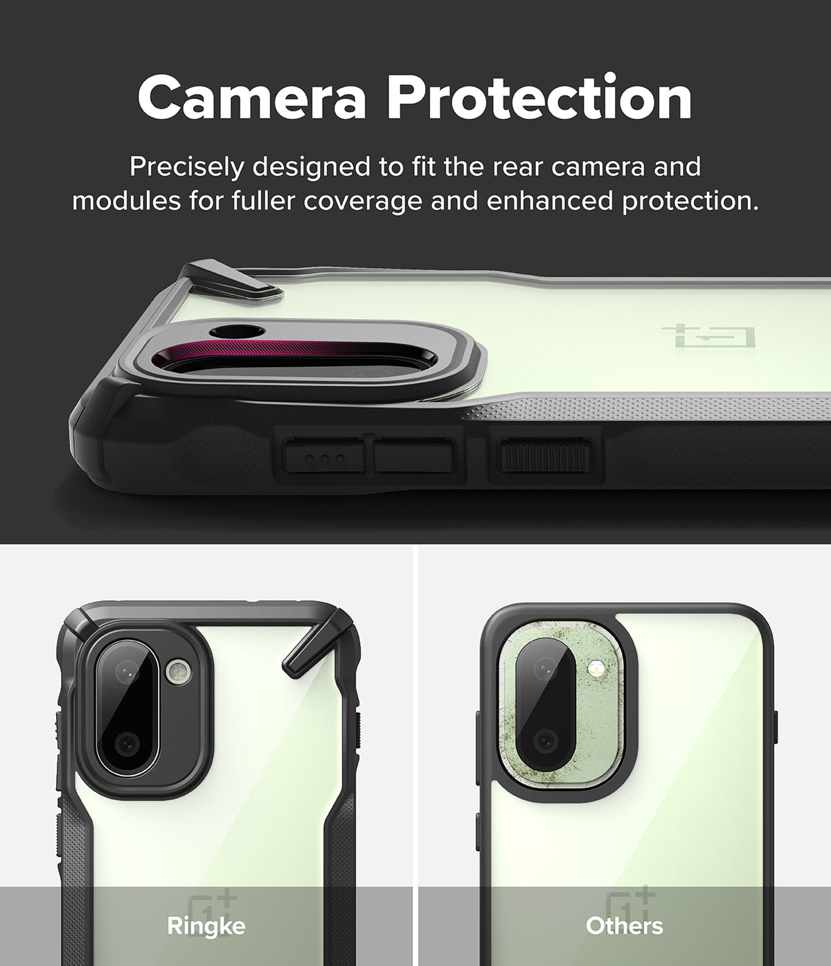 OnePlus 15R Case | Fusion-X - Comparison showing Ringke case camera coverage versus a standard case with exposed areas.