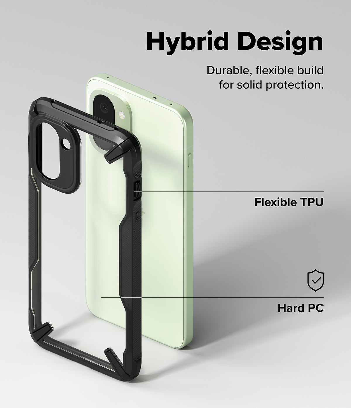 OnePlus 15R Case | Fusion-X - Exploded view of a black hybrid phone case highlighting flexible TPU and hard PC materials.