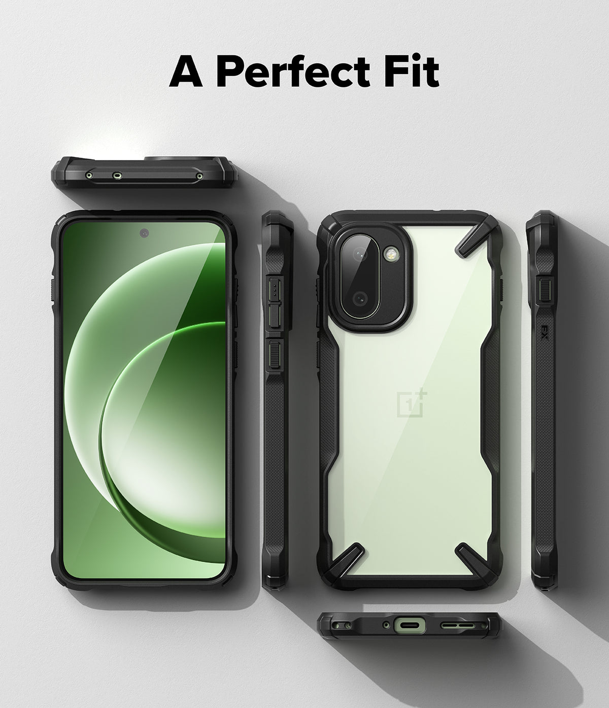 OnePlus 15R Case | Fusion-X - Multiple views of a black protective phone case showing front, back, and side profiles.