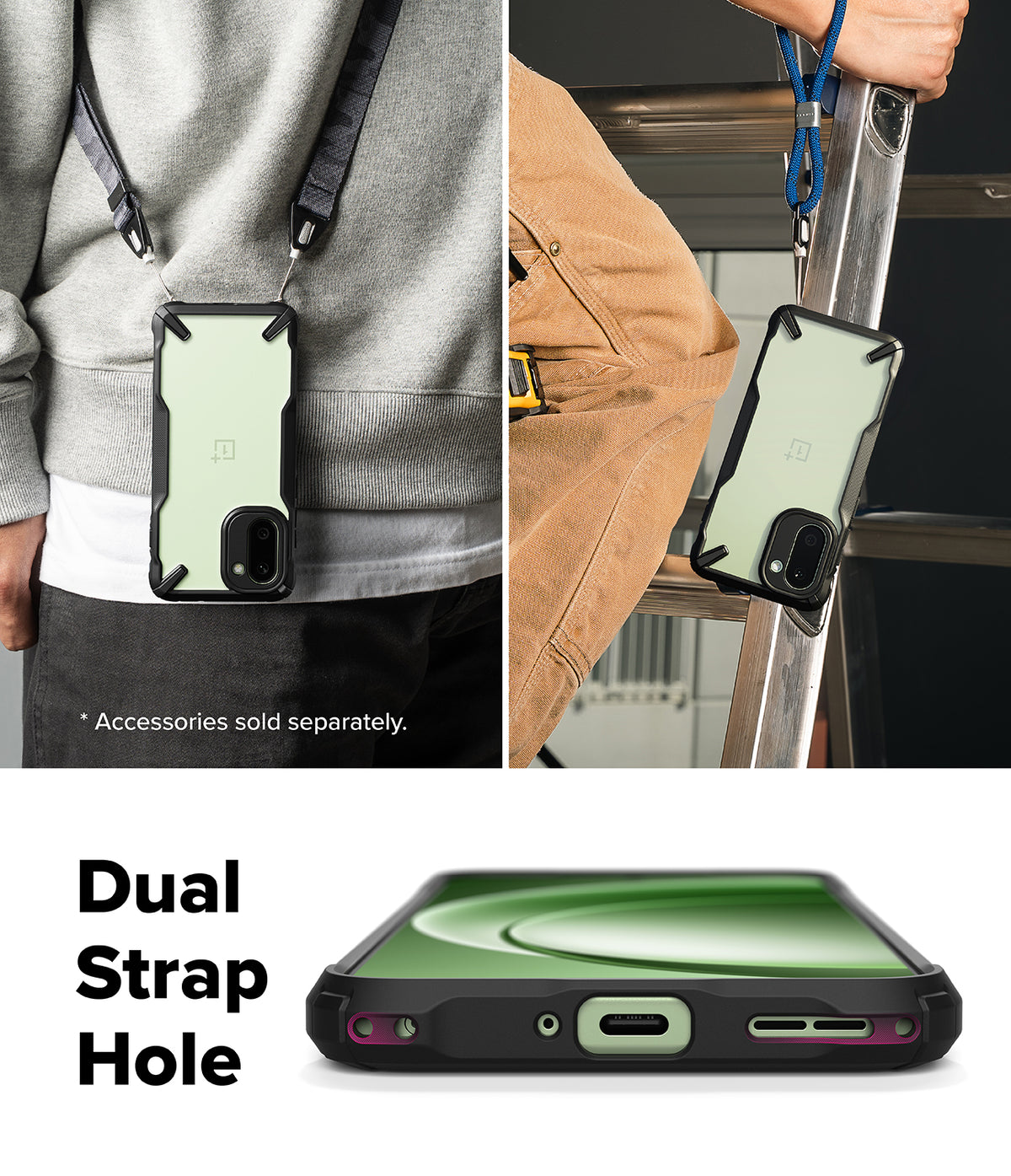 OnePlus 15R Case | Fusion-X - Phone in a protective case hanging from a strap, showing dual strap holes at the bottom.