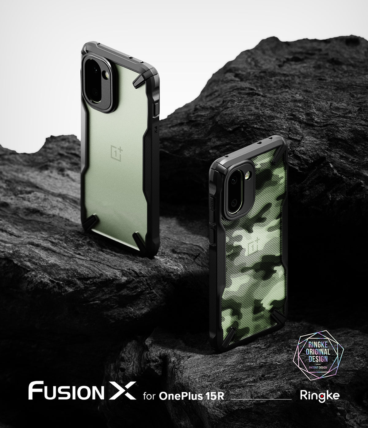 OnePlus 15R Case | Fusion-X - Two Fusion-X cases for OnePlus 15R, one clear and one camo, displayed on dark volcanic rock.