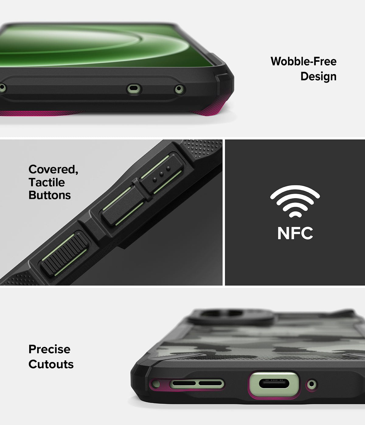 OnePlus 15R Case | Fusion-X - Close-ups showing wobble-free design, tactile buttons, NFC compatibility, and precise port cutouts.