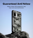 OnePlus 15R Case | Fusion-X - Black camouflage phone case standing on a rock against a light blue sky background.