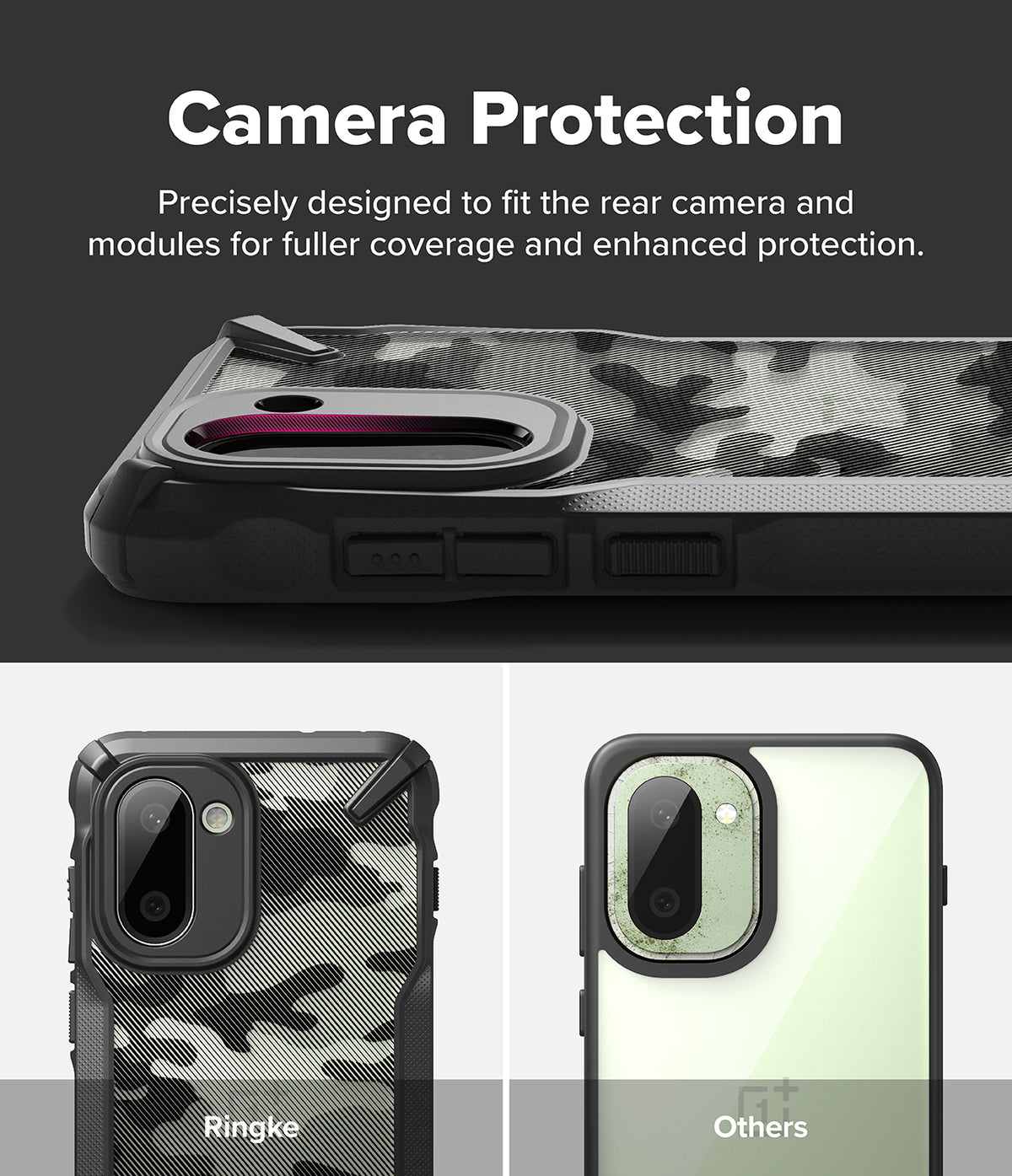 OnePlus 15R Case | Fusion-X - Close-up of phone case camera protection comparing Ringke coverage to a standard case.