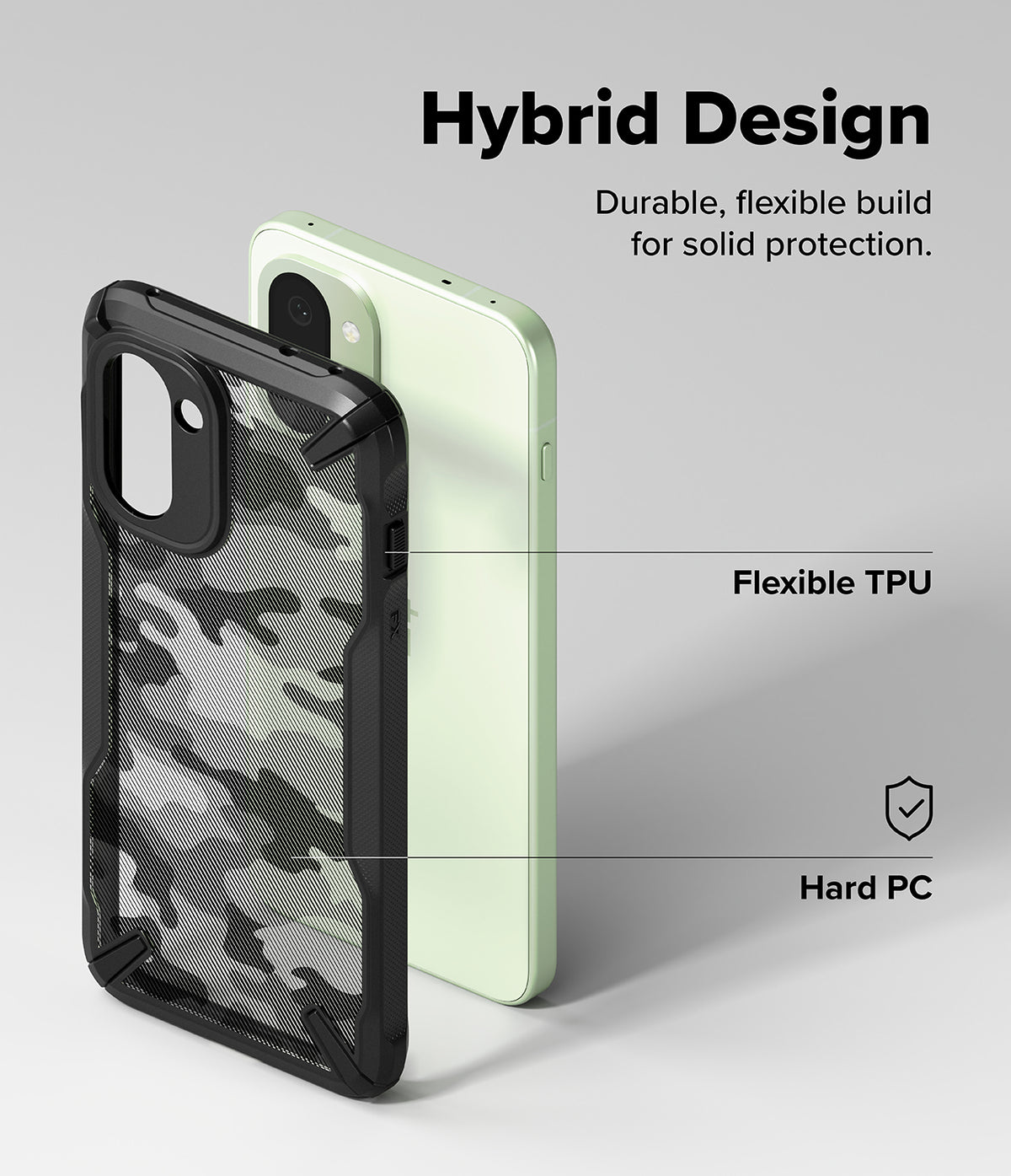 OnePlus 15R Case | Fusion-X - Camo phone case with flexible TPU frame and hard PC back panel shown next to a light green phone.