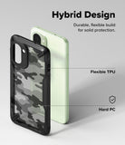 OnePlus 15R Case | Fusion-X - Camo phone case with flexible TPU frame and hard PC back panel shown next to a light green phone.