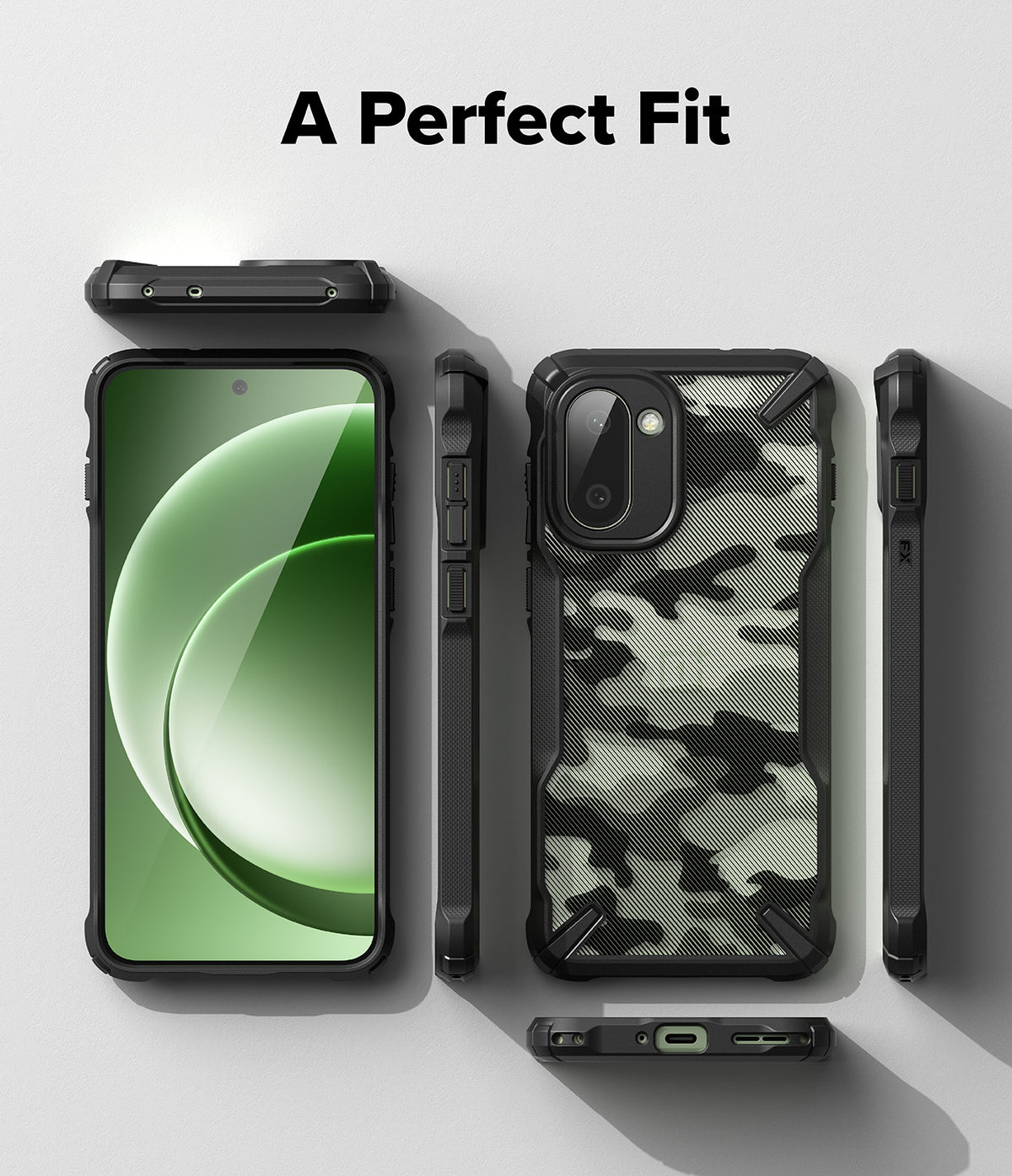OnePlus 15R Case | Fusion-X - Multiple views of a black camouflage phone case showing front, back, and side profiles.