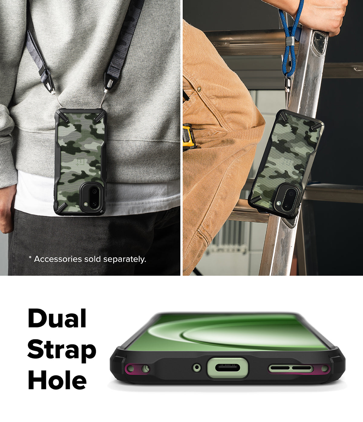 OnePlus 15R Case | Fusion-X - Camouflage phone case with dual strap holes worn around the neck and attached to a ladder.