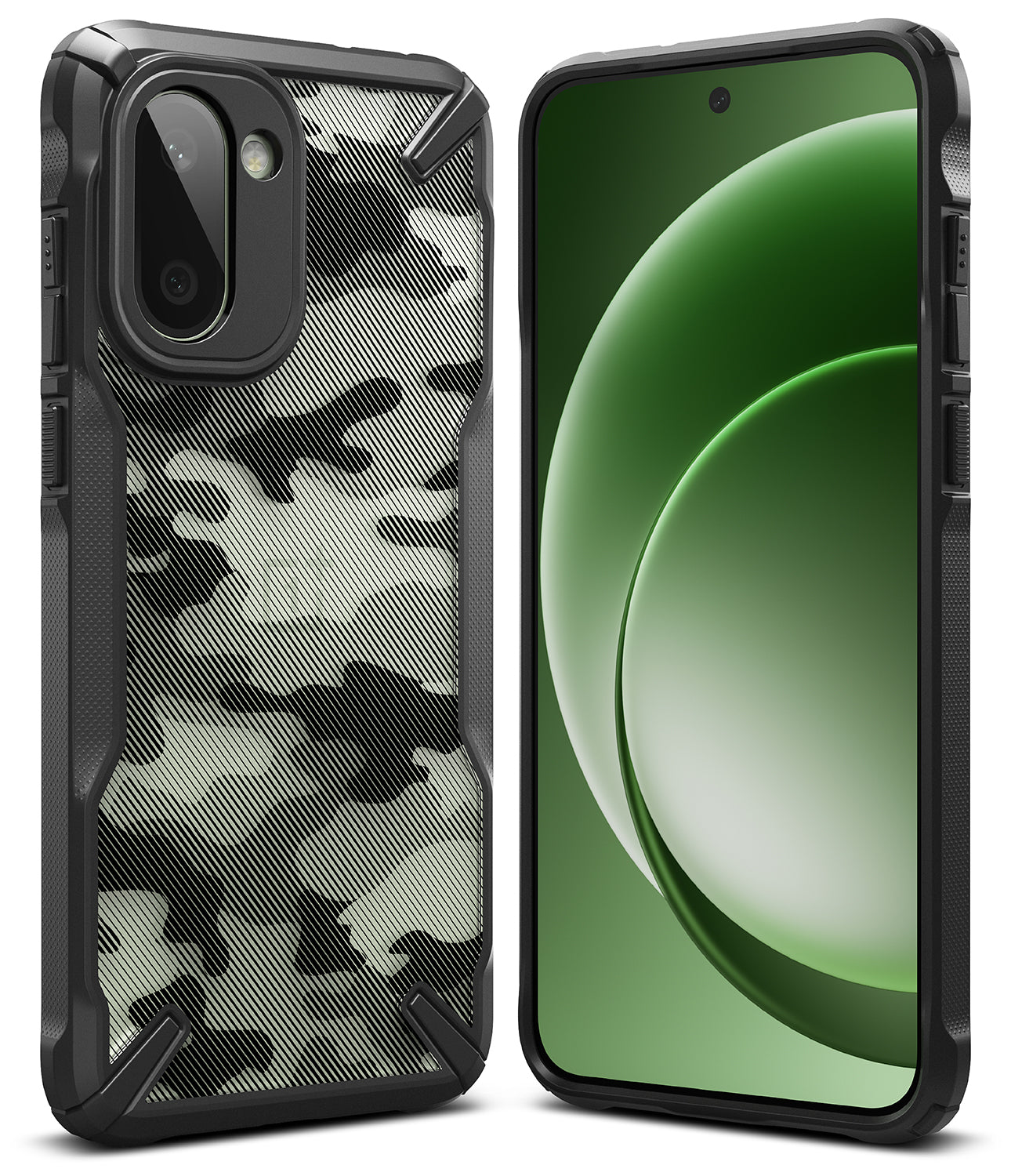 OnePlus 15R Case | Fusion-X - Rugged black phone case with a camouflage back panel shown from front and back views.