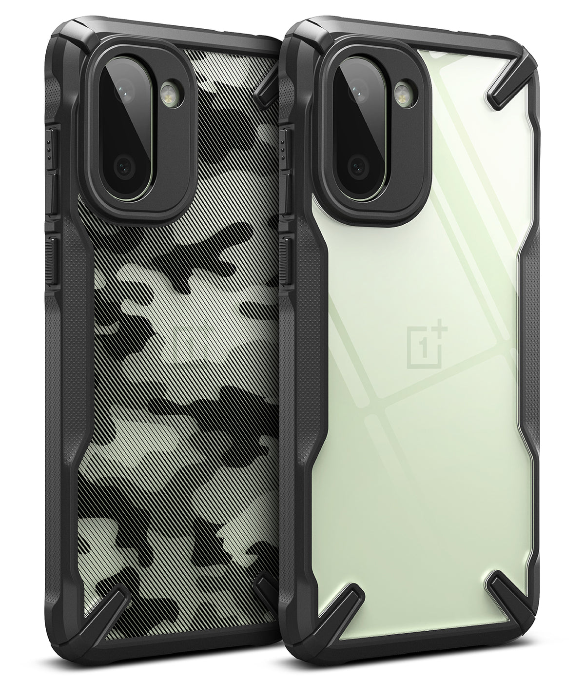 OnePlus 15R Case | Fusion-X - Two rugged black phone cases, one with a camo pattern and one clear, showing camera cutouts.