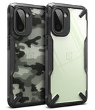 OnePlus 15R Case | Fusion-X - Two rugged black phone cases, one with a camo pattern and one clear, showing camera cutouts.