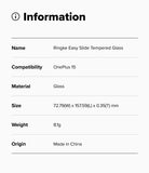 OnePlus 15 Screen Protector | Easy Slide Tempered Glass (2P) - OnePlus 15 Screen Protector - Information table listing product name, compatibility, material, size, weight, and origin.