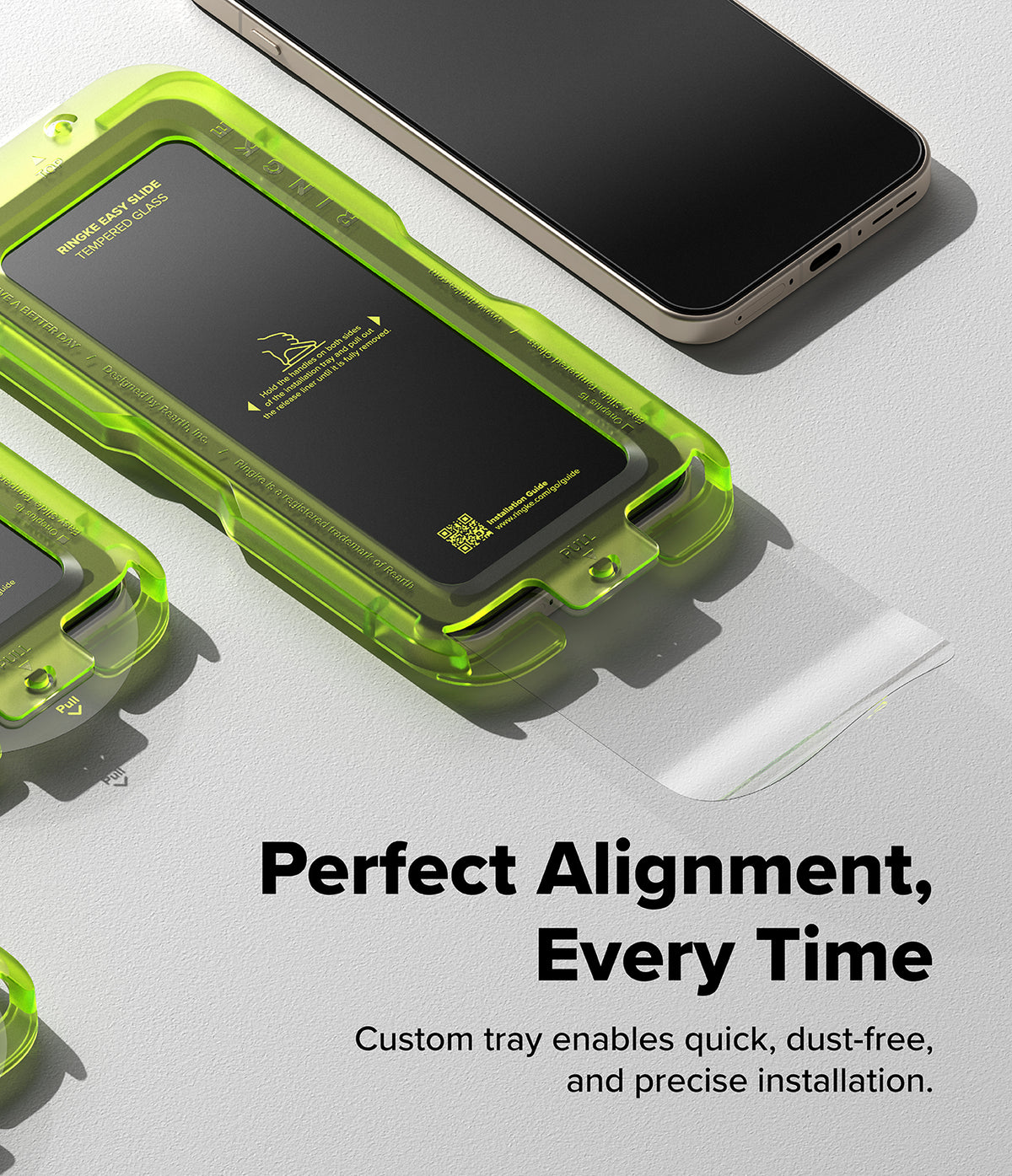 [Bundle] OnePlus 15 | Fusion-X - Neon green installation tray for OnePlus 15 screen protector with pull-tab mechanism.