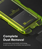 [Bundle] OnePlus 15 | Onyx Magnetic - Neon green screen protector installation tray with dust removal instructions and QR code.