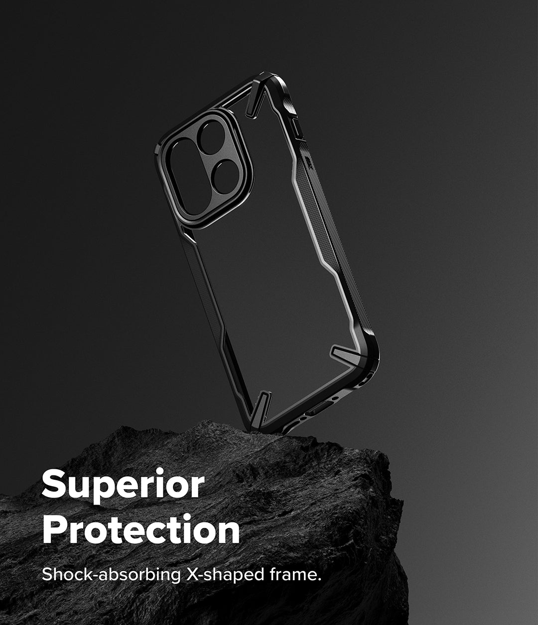 [Bundle] OnePlus 15 | Fusion-X - OnePlus 15 | Fusion-X - Black Fusion-X phone case with X-shaped frame resting on a dark rock against a grey background.
