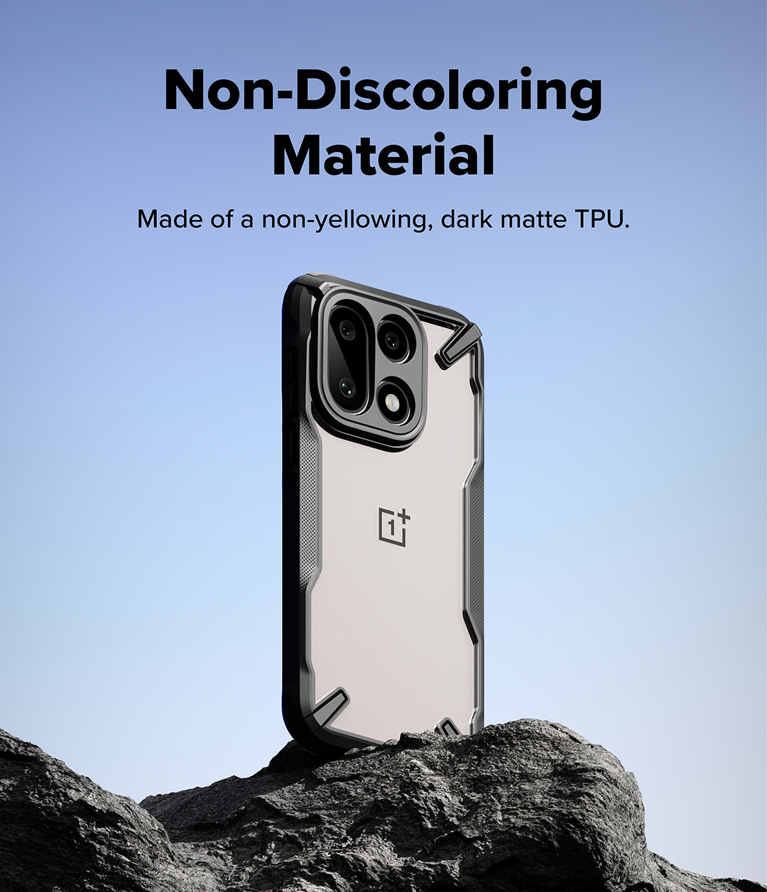 [Bundle] OnePlus 15 | Fusion-X - OnePlus 15 | Fusion-X - A OnePlus 15 phone in a dark matte TPU Fusion-X case standing on a rock against a blue sky.