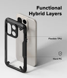 OnePlus 15 Case | Fusion-X - Exploded view of a phone case showing flexible TPU and hard PC layers against a smartphone.