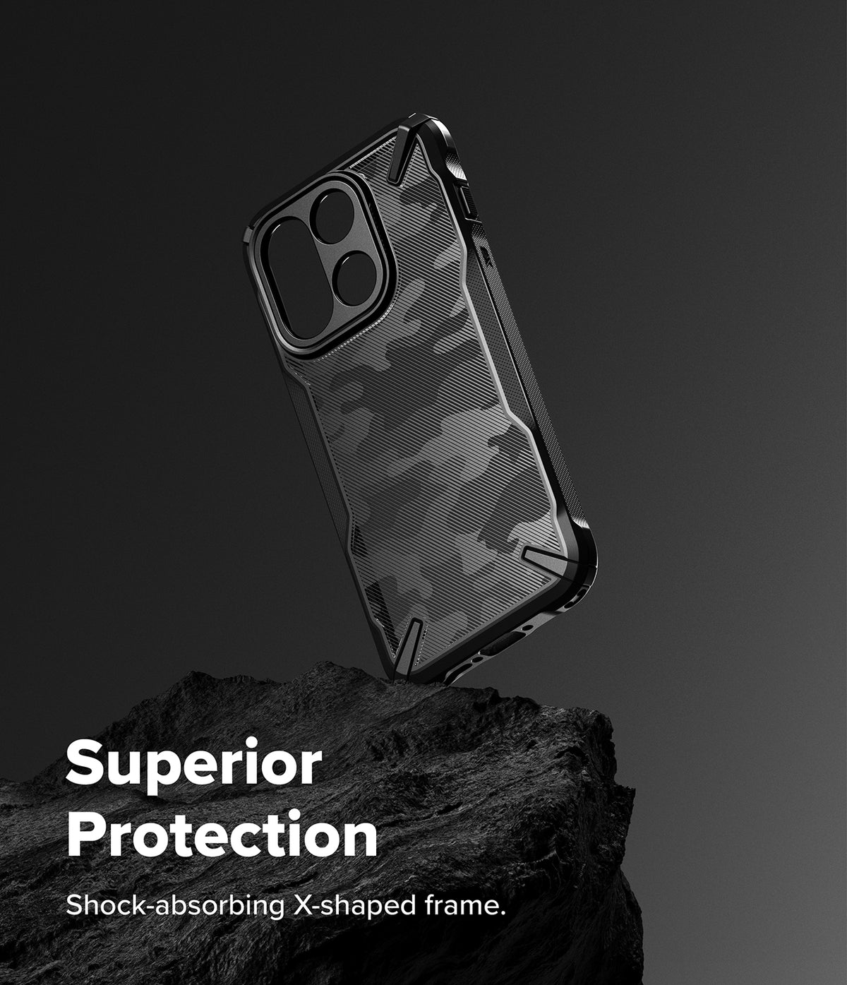 [Bundle] OnePlus 15 | Fusion-X - Black camo phone case with X-shaped frame hovering above a dark rock against a gray background.