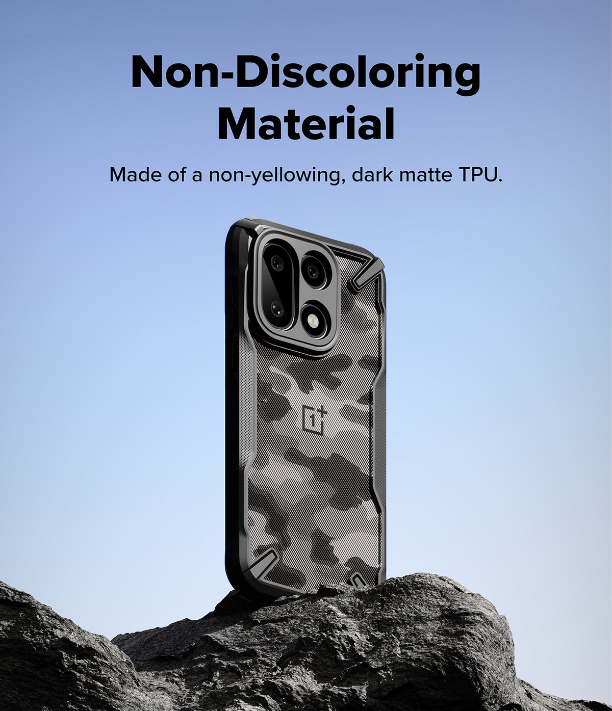 [Bundle] OnePlus 15 | Fusion-X - OnePlus 15 | Fusion-X - Camouflage patterned phone case on a rock against a blue sky with text about non-discoloring material.