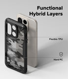 OnePlus 15 Case | Fusion-X - Camo phone case showing flexible TPU frame and hard PC back layers with labels.