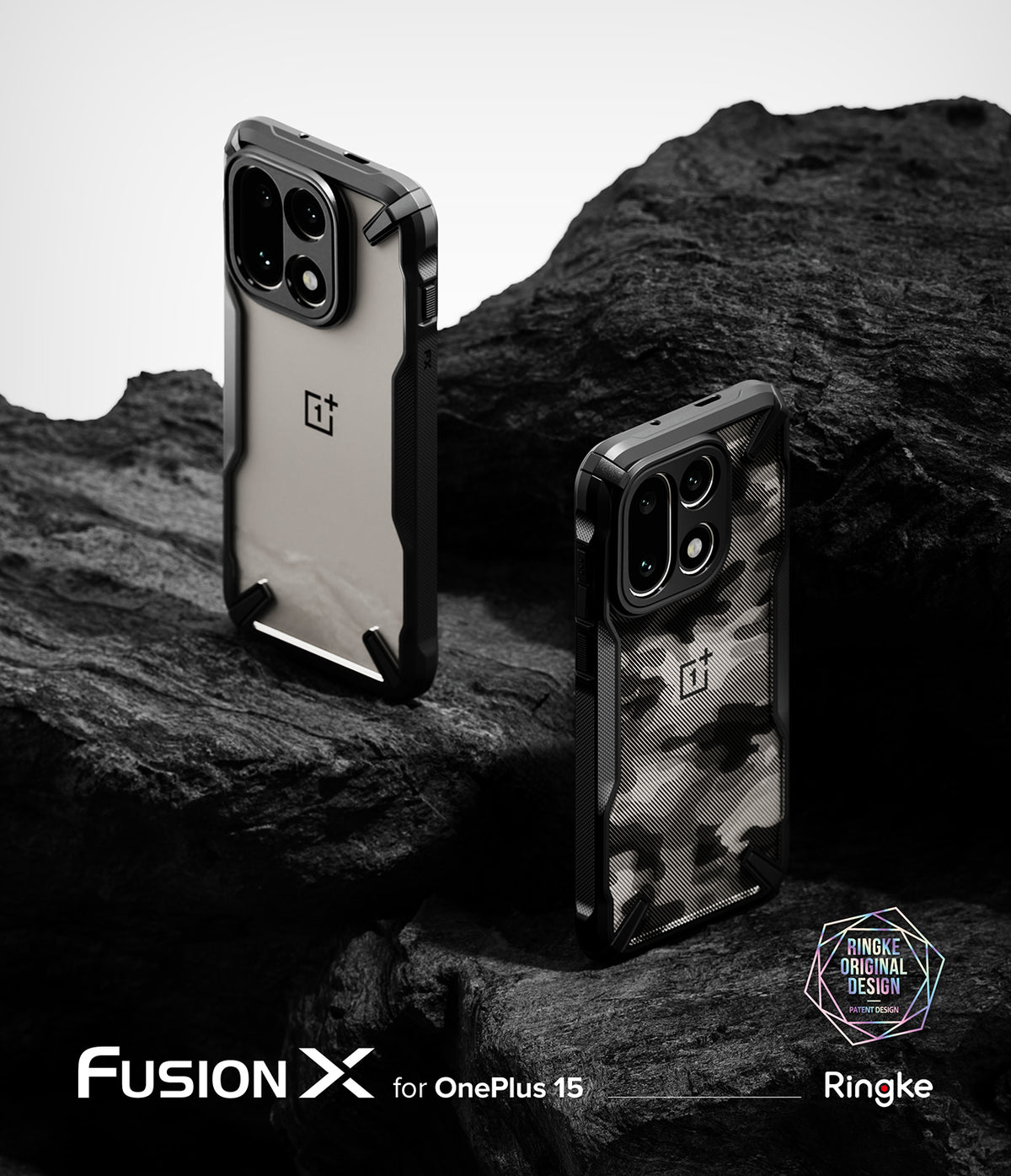 [Bundle] OnePlus 15 | Fusion-X - OnePlus 15 | Fusion-X - Two OnePlus 15 phones in Fusion-X cases, one clear and one camo, resting on dark jagged rocks.