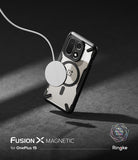 OnePlus 15 Case | Fusion-X Magnetic - Clear protective phone case with black frame attached to a magnetic charger.