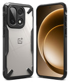 OnePlus 15 Case | Fusion-X - Rugged clear protective case with black reinforced corners shown from front and back angles.