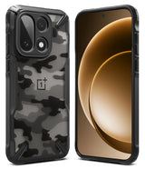 OnePlus 15 Case | Fusion-X - Black camouflage Fusion-X phone case for OnePlus 15 shown from back and front angles.