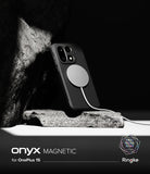 OnePlus 15 Case | Onyx Magnetic - Black phone case with magnetic charger attached, resting against a rock on a white surface.