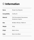 OnePlus 15 Case | Onyx Magnetic - Information table listing product name, compatibility, material, size, weight, origin, and color.