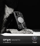 OnePlus 15 Case | Onyx Magnetic - Camouflage OnePlus 15 case with a magnetic charging ring, resting against a textured rock.