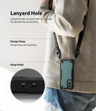 OnePlus Nord 2 Case | Fusion-X - Phone in protective case worn with a lanyard, showing strap attachment points.