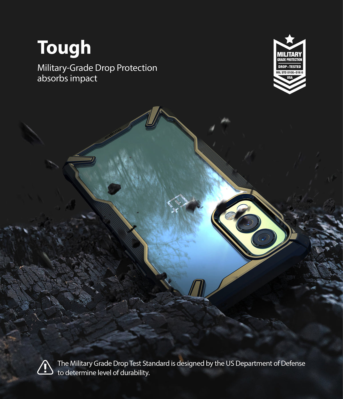 OnePlus Nord 2 Case | Fusion-X - Rugged phone case on dark, rocky debris with military-grade drop protection branding.