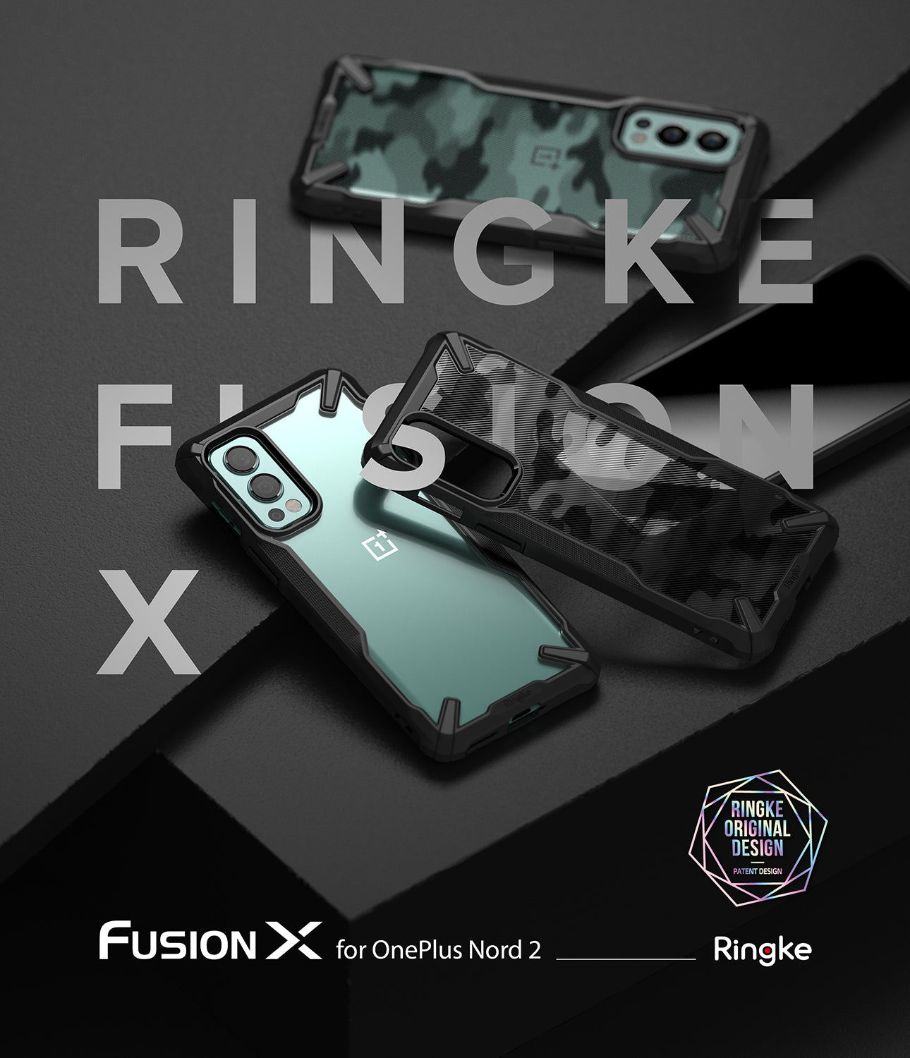 OnePlus Nord 2 Case | Fusion-X - Three Fusion-X phone cases with camouflage and clear designs arranged on a dark surface.