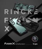 OnePlus Nord 2 Case | Fusion-X - Three Fusion-X phone cases with camouflage and clear designs arranged on a dark surface.