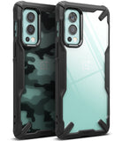 OnePlus Nord 2 Case | Fusion-X - Two rugged phone cases with black bumpers, one with camo pattern and one clear back.