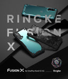 OnePlus Nord CE 5G Case | Fusion-X - Three OnePlus Nord CE 5G phones in Fusion-X cases displayed on a dark, geometric surface.