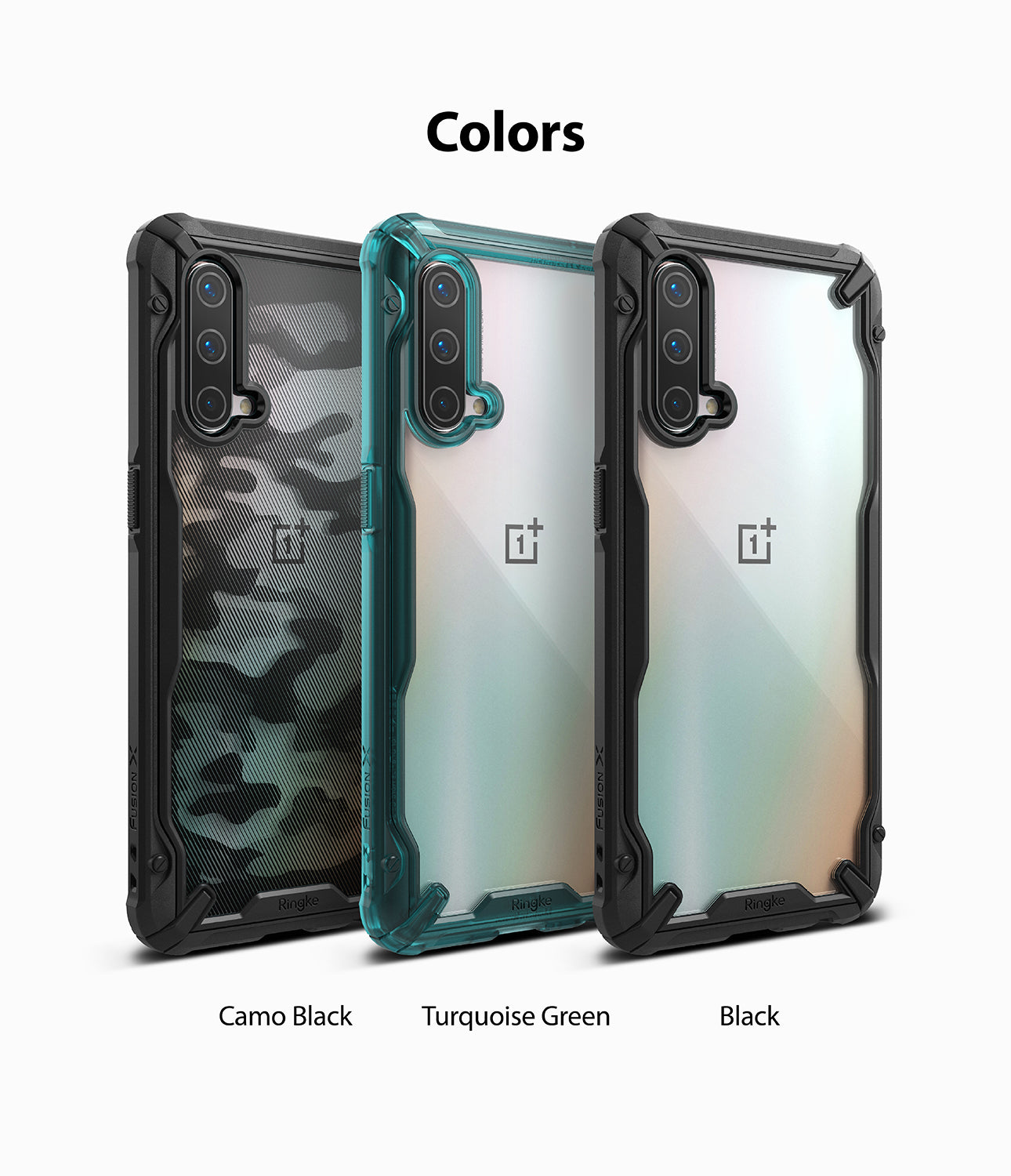 OnePlus Nord CE 5G Case | Fusion-X - Three Fusion-X cases in Camo Black, Turquoise Green, and Black for OnePlus Nord CE.